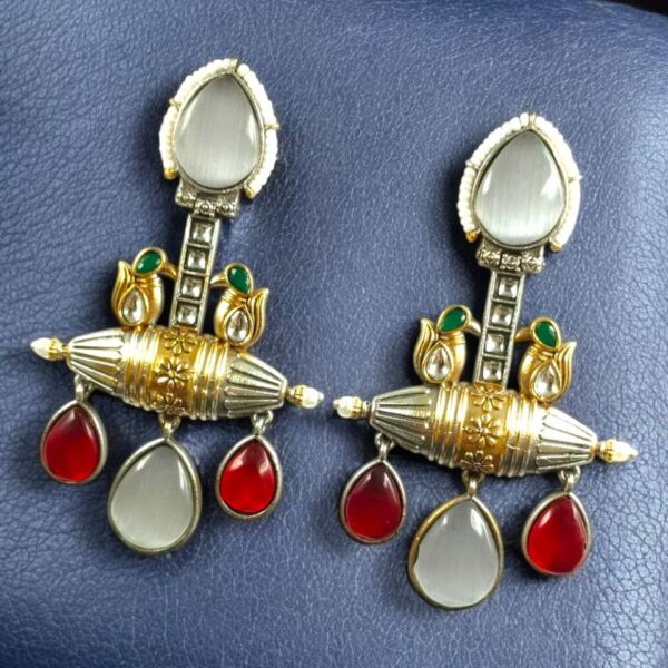 Designer Two-Tone Dangler Earrings | Monalisa Stone Lightweight Long Pearl Work Beautiful Jewelry - "Grey-Red"