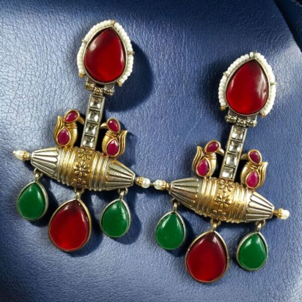 Designer Two-Tone Dangler Earrings | Monalisa Stone Lightweight Long Pearl Work Beautiful Jewelry - "Red-Green"