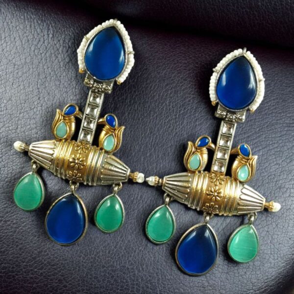 Designer Two-Tone Dangler Earrings | Monalisa Stone Lightweight Long Pearl Work Beautiful Jewelry - "Blue-Mint"