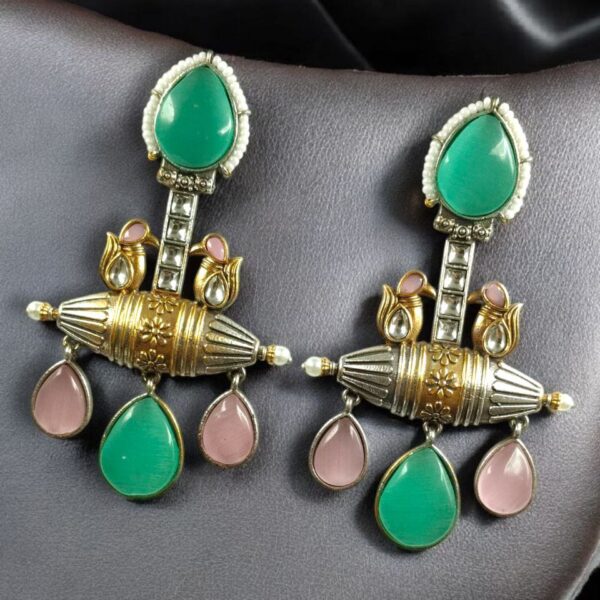 Designer Two-Tone Dangler Earrings | Monalisa Stone Lightweight Long Pearl Work Beautiful Jewelry - "Mint-Baby Pink"