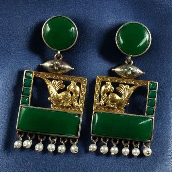 Designer Beautiful Two-Tone Peacock Earrings | Monalisa Stone & Pearl Work Dangler Jewelry - "Green"