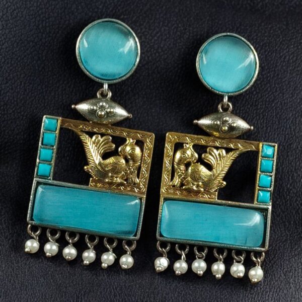 Designer Beautiful Two-Tone Peacock Earrings | Monalisa Stone & Pearl Work Dangler Jewelry - "Aqua"