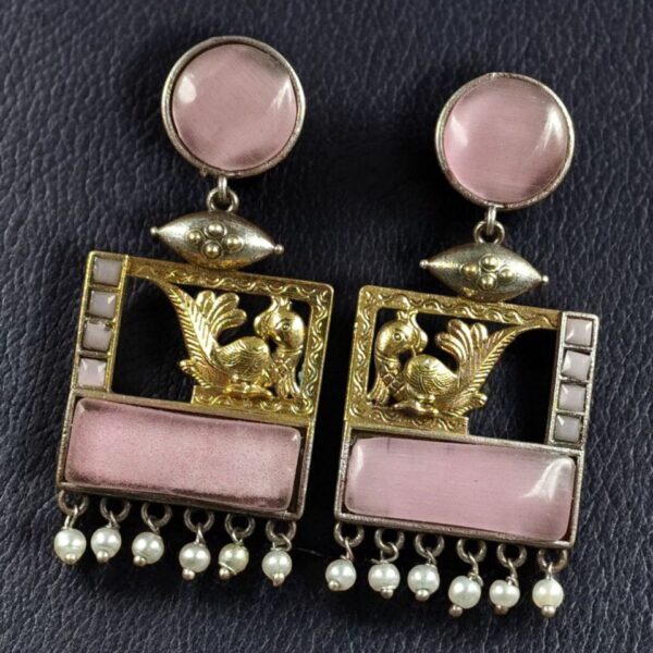 Designer Beautiful Two-Tone Peacock Earrings | Monalisa Stone & Pearl Work Dangler Jewelry - "Baby Pink"