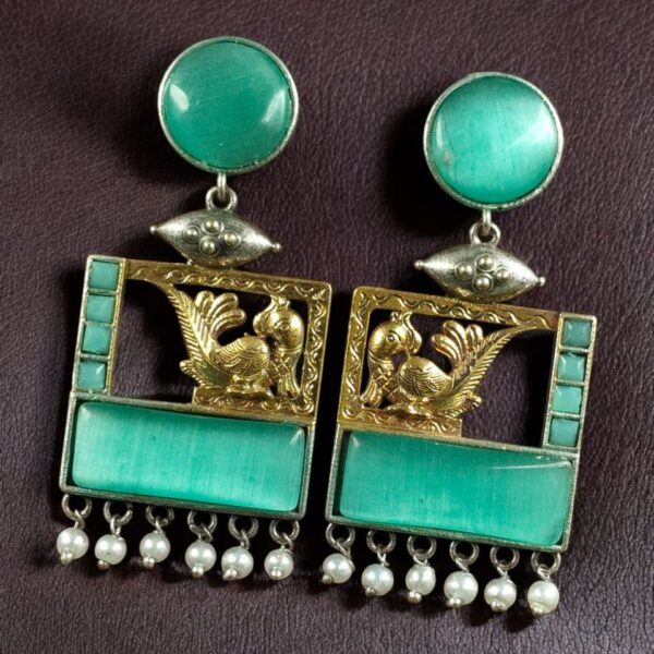 Designer Beautiful Two-Tone Peacock Earrings | Monalisa Stone & Pearl Work Dangler Jewelry - "Mint"