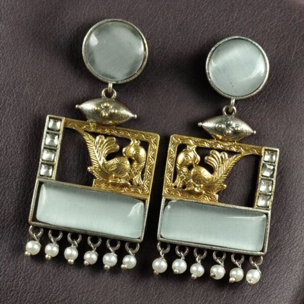 Designer Beautiful Two-Tone Peacock Earrings | Monalisa Stone & Pearl Work Dangler Jewelry - "Grey"