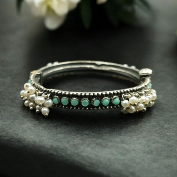 Antique Look Best Silver Replica Bangle | Openable Stone & Pearl Work Ethnic Jewelry - "Mint"