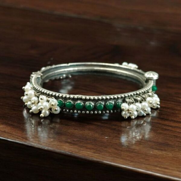 Antique Look Best Silver Replica Bangle | Openable Stone & Pearl Work Ethnic Jewelry - "Green"