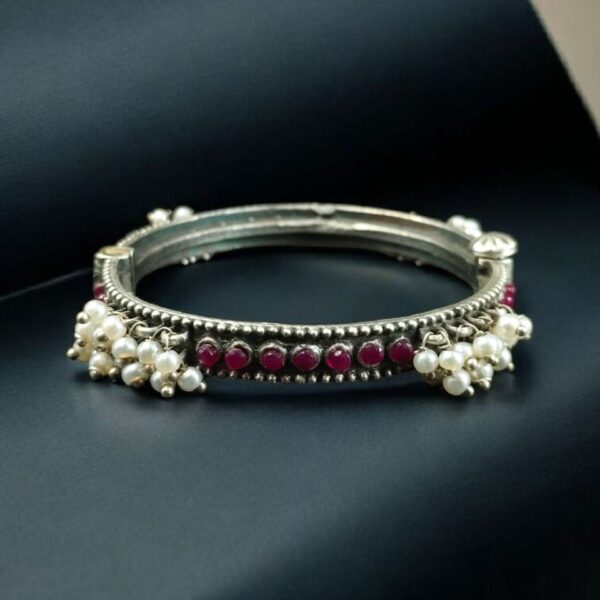 Antique Look Best Silver Replica Bangle | Openable Stone & Pearl Work Ethnic Jewelry - "Red"
