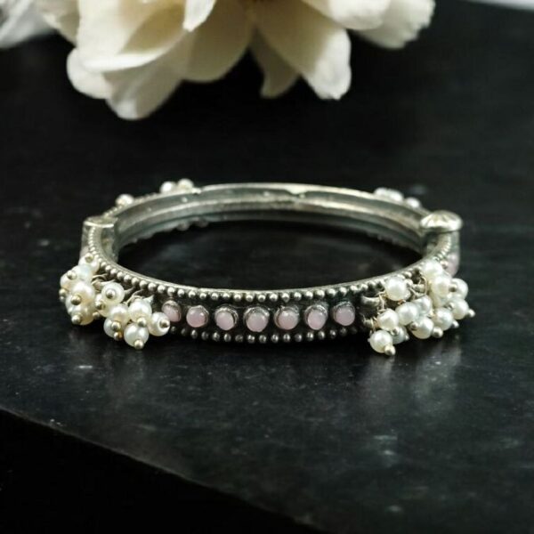 Antique Look Best Silver Replica Bangle | Openable Stone & Pearl Work Ethnic Jewelry - "Baby Pink"