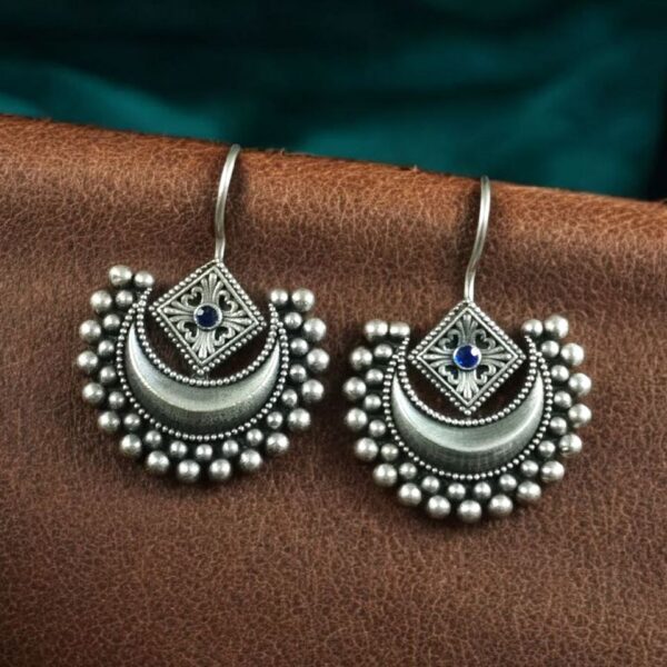 Traditional Half Moon Earrings | Silver Replica Oxidized Amazing Hook Earring for Women - "Blue"