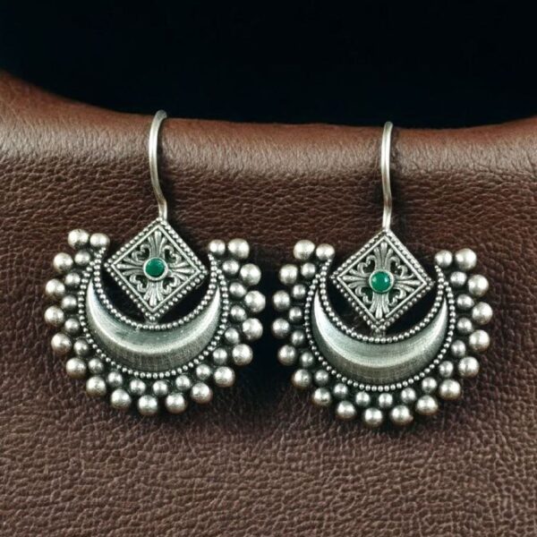 Traditional Half Moon Earrings | Silver Replica Oxidized Amazing Hook Earring for Women - "Green"