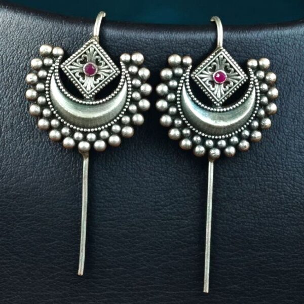 Designer Half Moon Oxidized Earcuff | Silver Replica Ethnic Stone Perfect Jewelry for Girls - "Red"