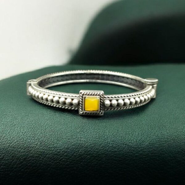Handcrafted Silver Plated Bangle | Openable Ethnic Kada with Beautiful Stone Design - "Yellow"