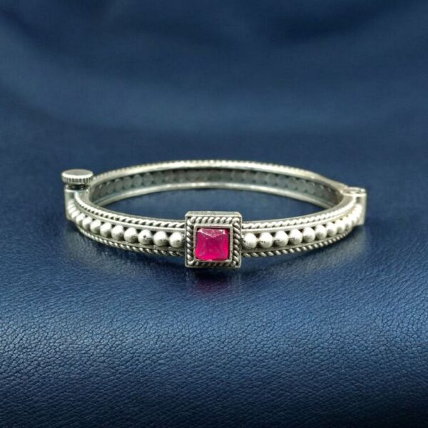 Handcrafted Silver Plated Bangle | Openable Ethnic Kada with Beautiful Stone Design - "Red"