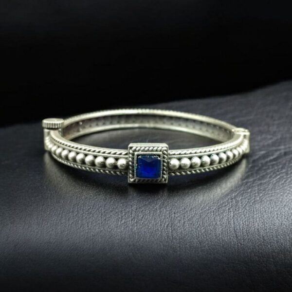 Handcrafted Silver Plated Bangle | Openable Ethnic Kada with Beautiful Stone Design - "Blue"
