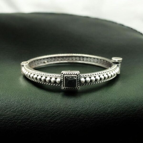 Handcrafted Silver Plated Bangle | Openable Ethnic Kada with Beautiful Stone Design - "Black"
