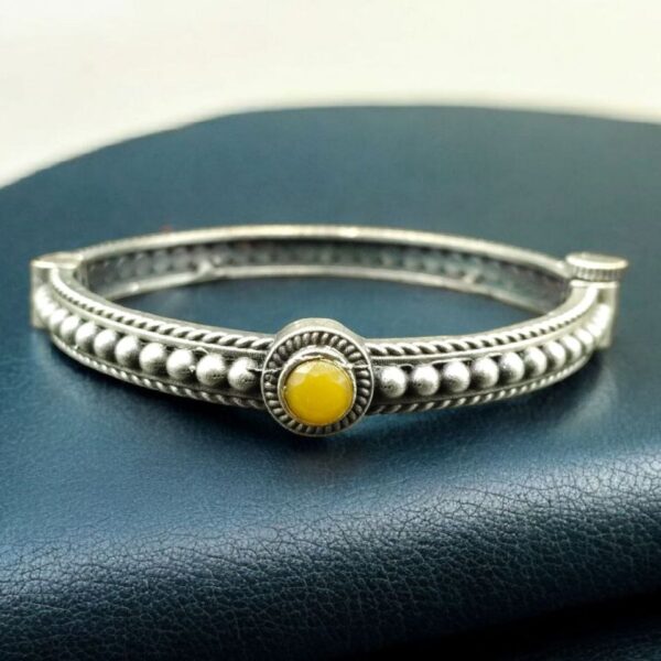 Antique Look Silver Plated Kada | Stone Work Openable Ethnic Perfect Bangle for Women - "Yellow"