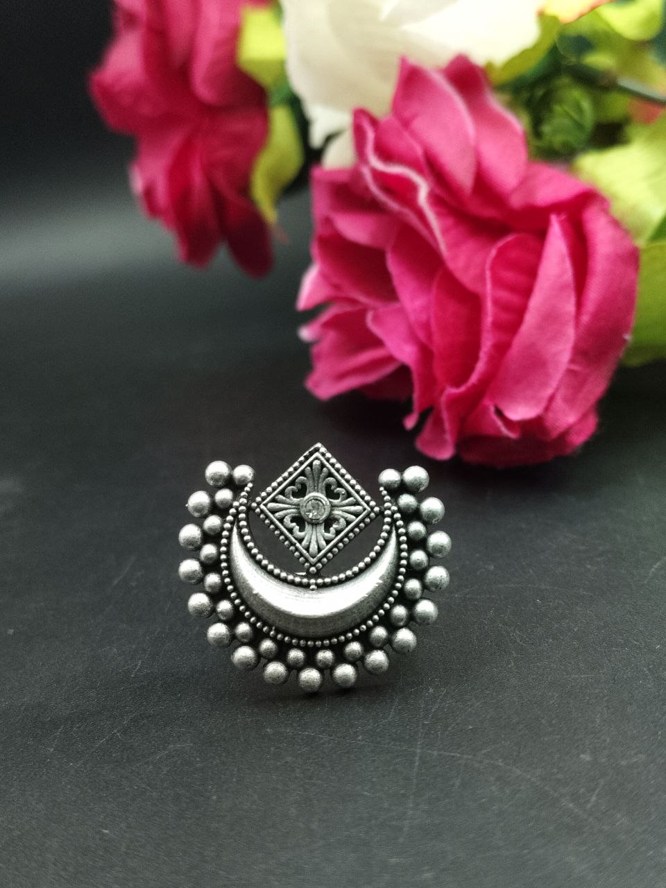 Adjustable Half Moon Ring | Silver Replica Best Traditional Stone Jewelry for Women - Image 10