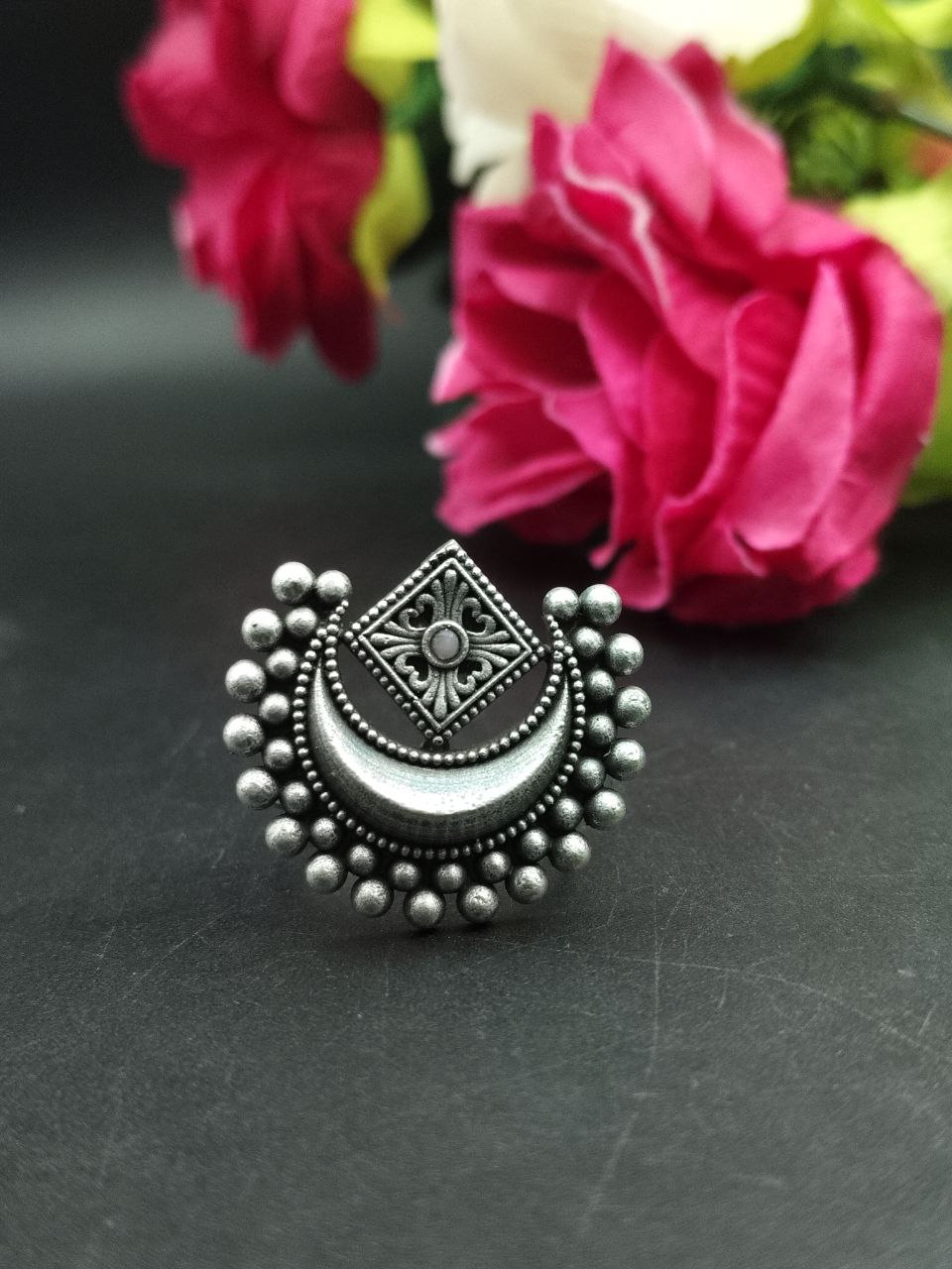 Adjustable Half Moon Ring | Silver Replica Best Traditional Stone Jewelry for Women - Image 9