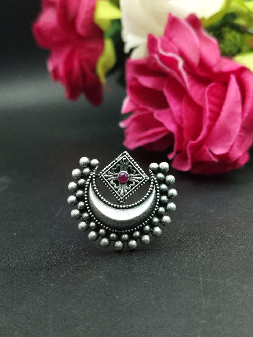 Adjustable Half Moon Ring | Silver Replica Best Traditional Stone Jewelry for Women - Image 8