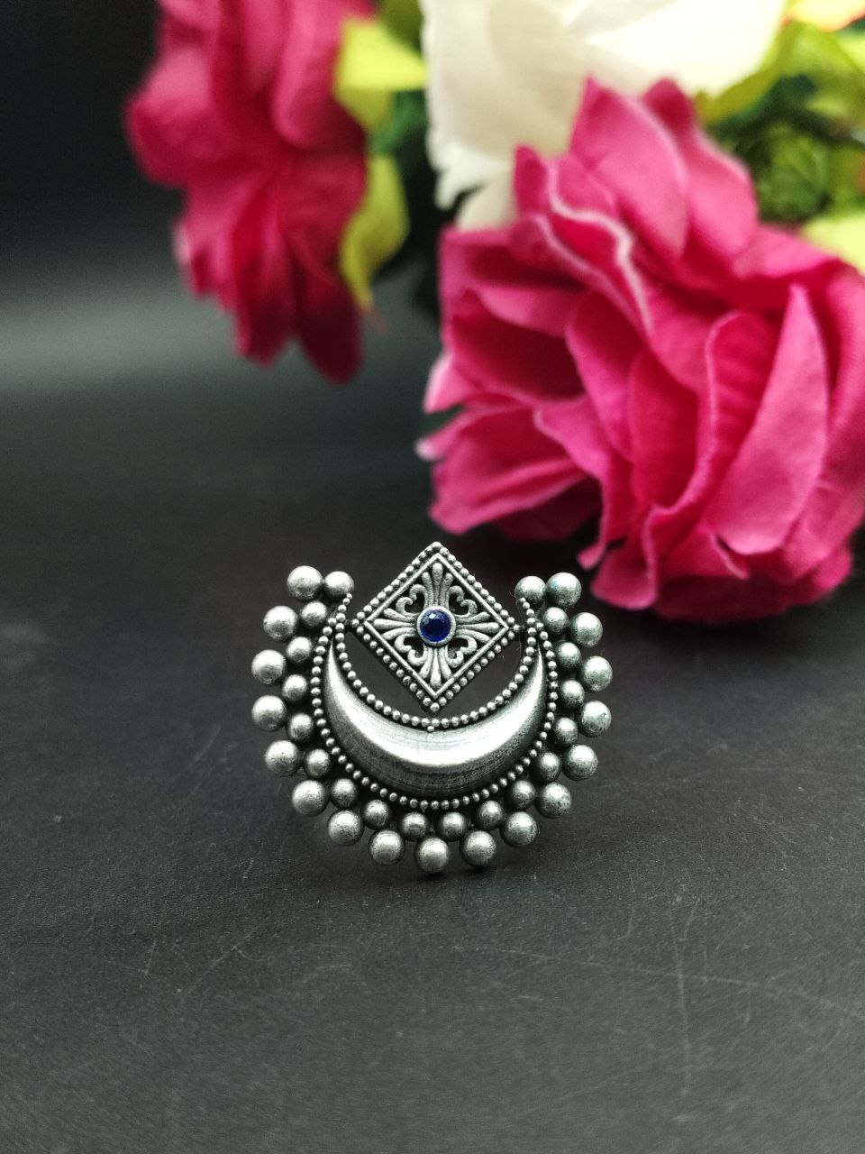 Adjustable Half Moon Ring | Silver Replica Best Traditional Stone Jewelry for Women - Image 4