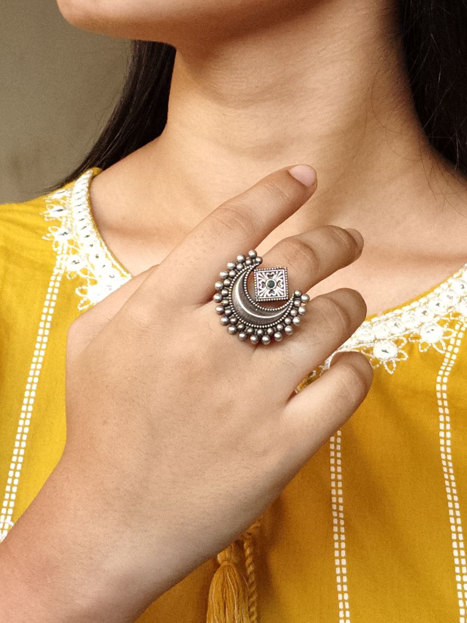 Adjustable Half Moon Ring | Silver Replica Best Traditional Stone Jewelry for Women