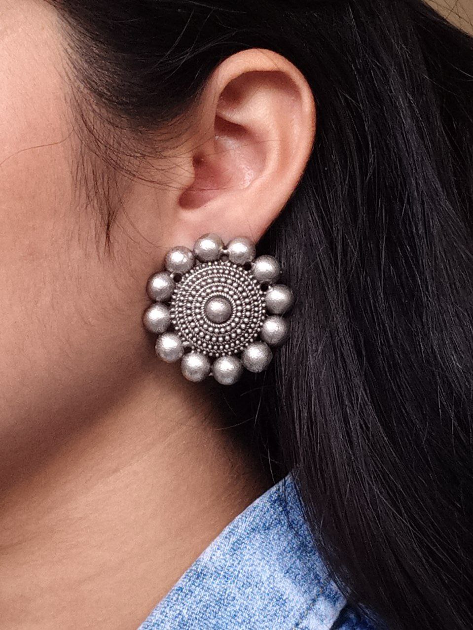 Silver Look Alike Round Stud Earrings | Lightweight Oxidized Daily Use Perfect Earring For Girls