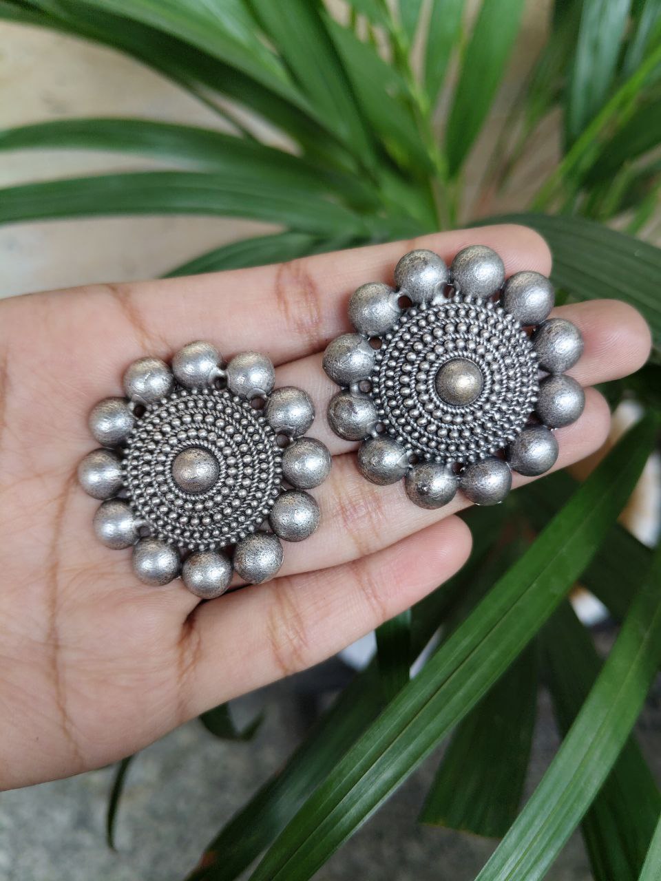 Silver Look Alike Round Stud Earrings | Lightweight Oxidized Daily Use Perfect Earring For Girls - Image 4