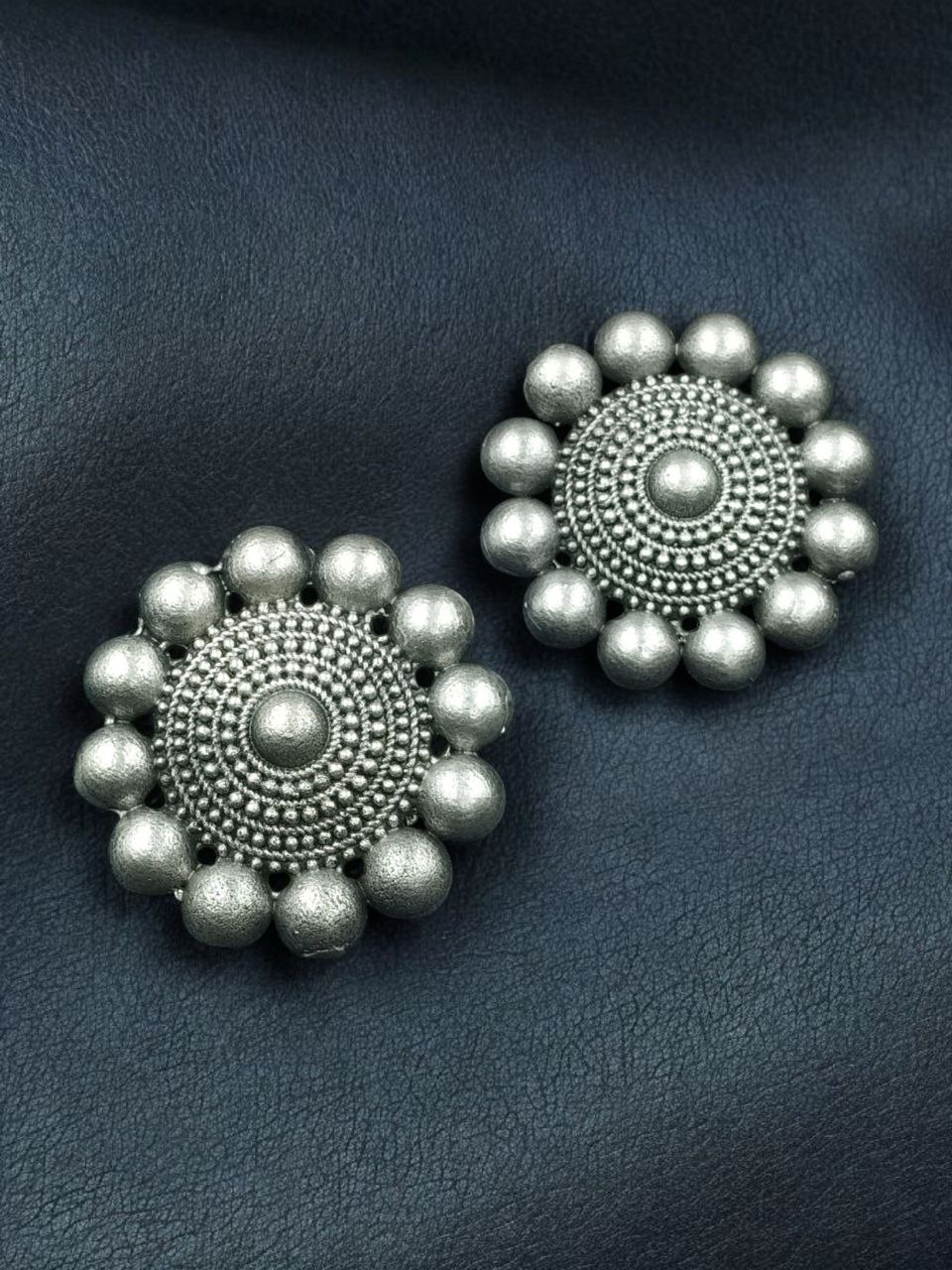 Silver Look Alike Round Stud Earrings | Lightweight Oxidized Daily Use Perfect Earring For Girls - Image 3