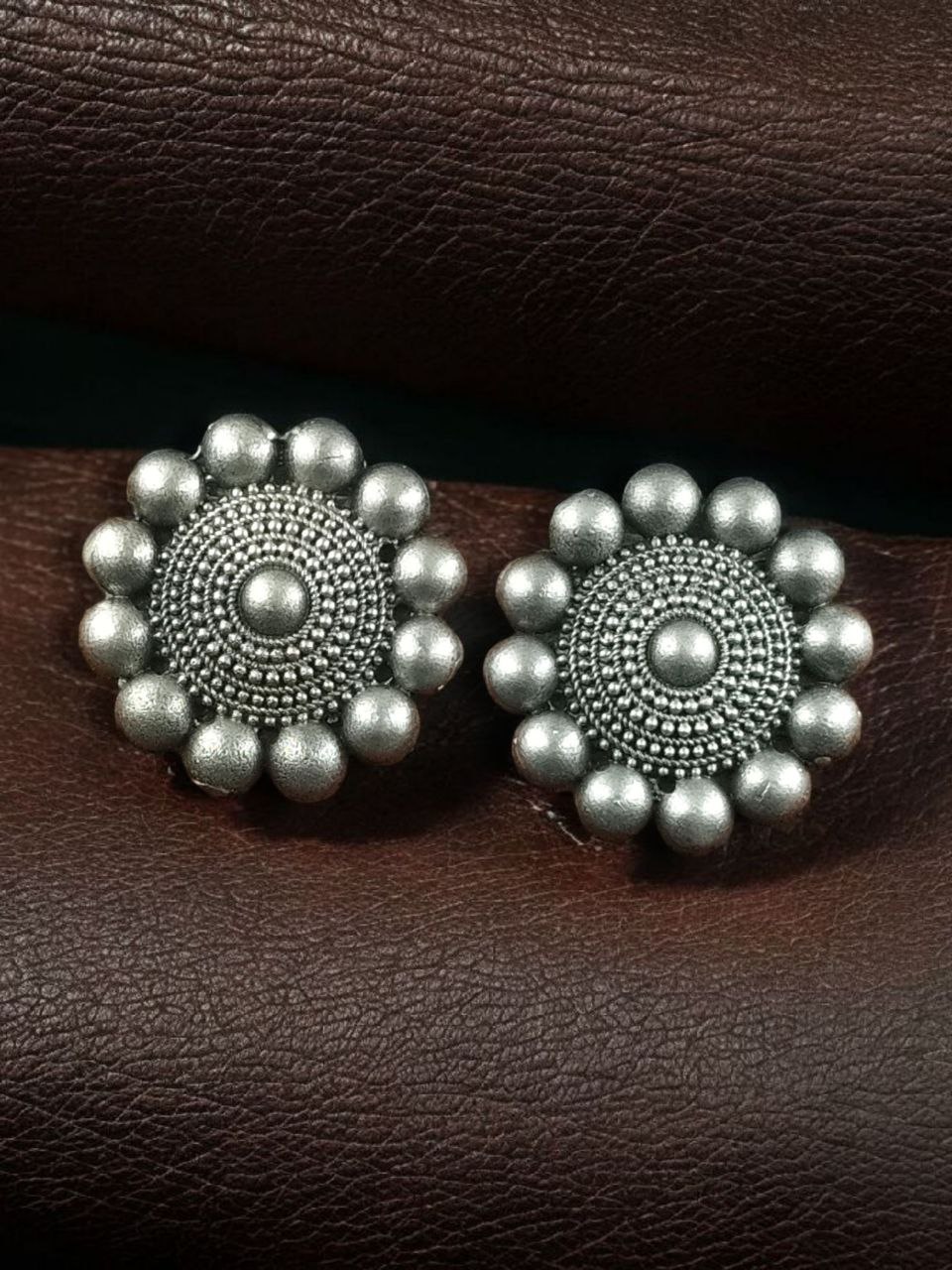 Silver Look Alike Round Stud Earrings | Lightweight Oxidized Daily Use Perfect Earring For Girls - Image 2