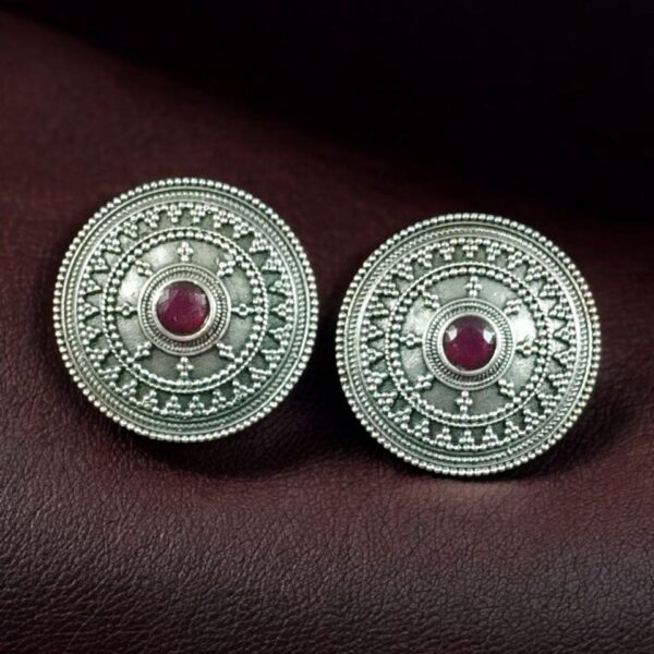 Elegant Silver Look Round Stud Earrings with Stone | Everyday Wear Perfect Jewelry For Girls - "Red"