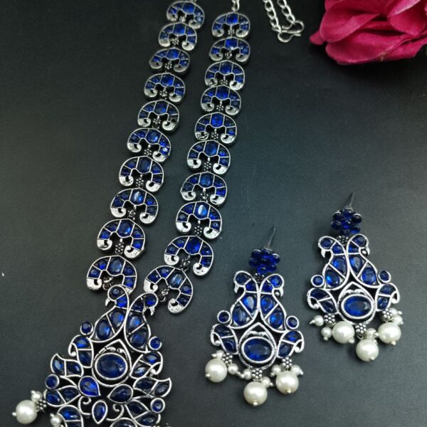 Ethnic Peacock Long Necklace with Stone & Pearl Work ? Best Traditional Jewelry For Women - "Blue"