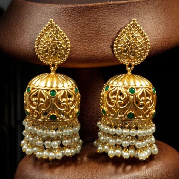 Traditional Floral Art Gold Plated Jhumka Earrings | Stone & Pearl Detailing Unique Dangler Jewelry For Women - "Green"