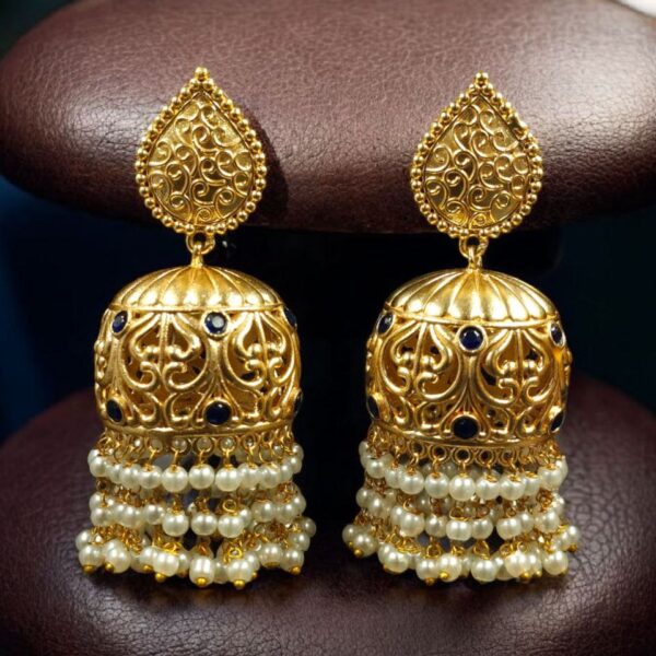 Traditional Floral Art Gold Plated Jhumka Earrings | Stone & Pearl Detailing Unique Dangler Jewelry For Women - "Blue"
