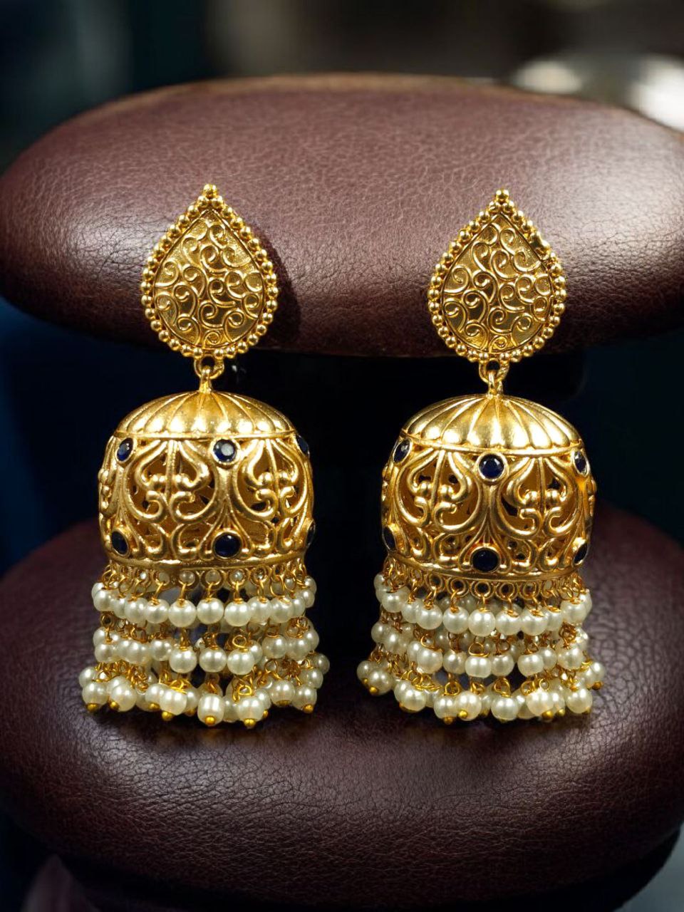 Traditional Floral Art Gold Plated Jhumka Earrings | Stone & Pearl Detailing Unique Dangler Jewelry For Women - Image 8