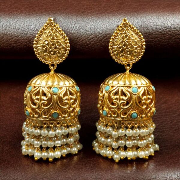 Traditional Floral Art Gold Plated Jhumka Earrings | Stone & Pearl Detailing Unique Dangler Jewelry For Women - "Aqua"
