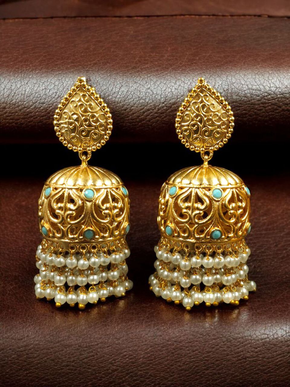 Traditional Floral Art Gold Plated Jhumka Earrings | Stone & Pearl Detailing Unique Dangler Jewelry For Women - Image 5