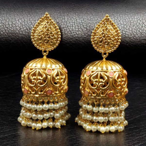 Traditional Floral Art Gold Plated Jhumka Earrings | Stone & Pearl Detailing Unique Dangler Jewelry For Women - "Baby Pink"