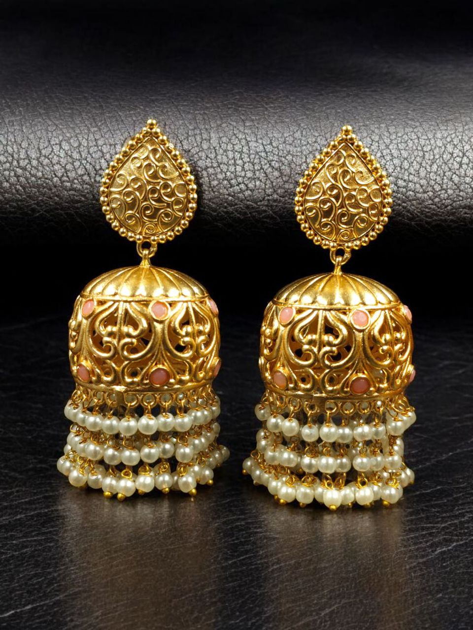 Traditional Floral Art Gold Plated Jhumka Earrings | Stone & Pearl Detailing Unique Dangler Jewelry For Women - Image 6