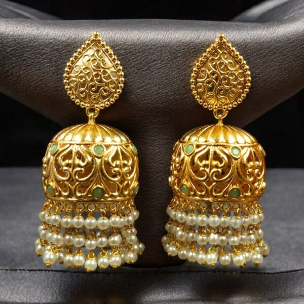 Traditional Floral Art Gold Plated Jhumka Earrings | Stone & Pearl Detailing Unique Dangler Jewelry For Women - "Mint"