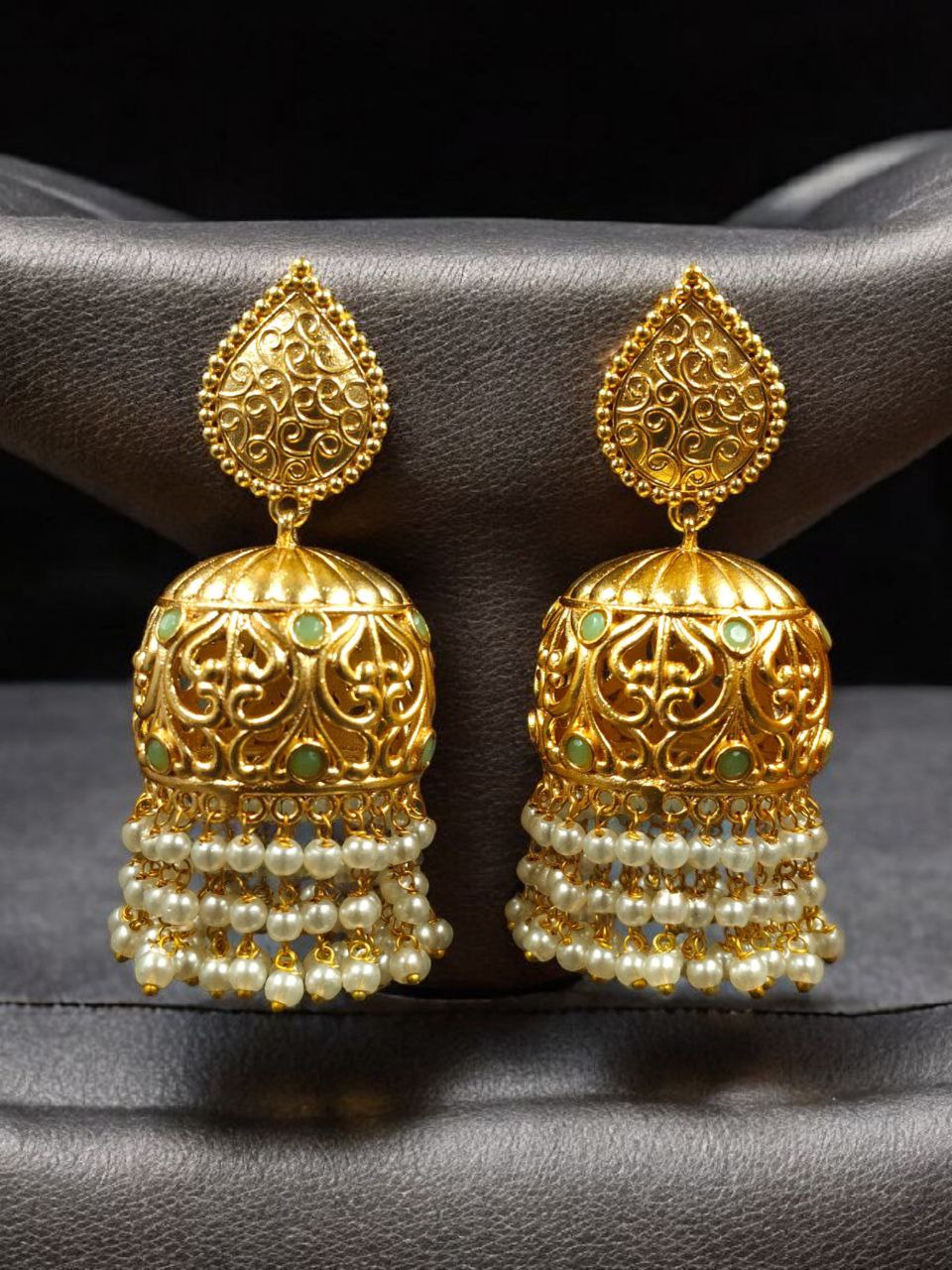 Traditional Floral Art Gold Plated Jhumka Earrings | Stone & Pearl Detailing Unique Dangler Jewelry For Women - Image 7