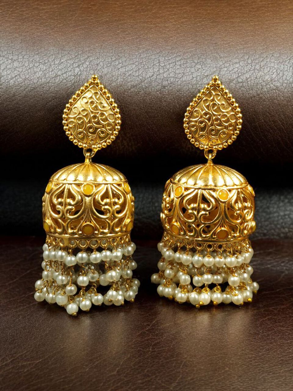 Traditional Floral Art Gold Plated Jhumka Earrings | Stone & Pearl Detailing Unique Dangler Jewelry For Women - Image 4