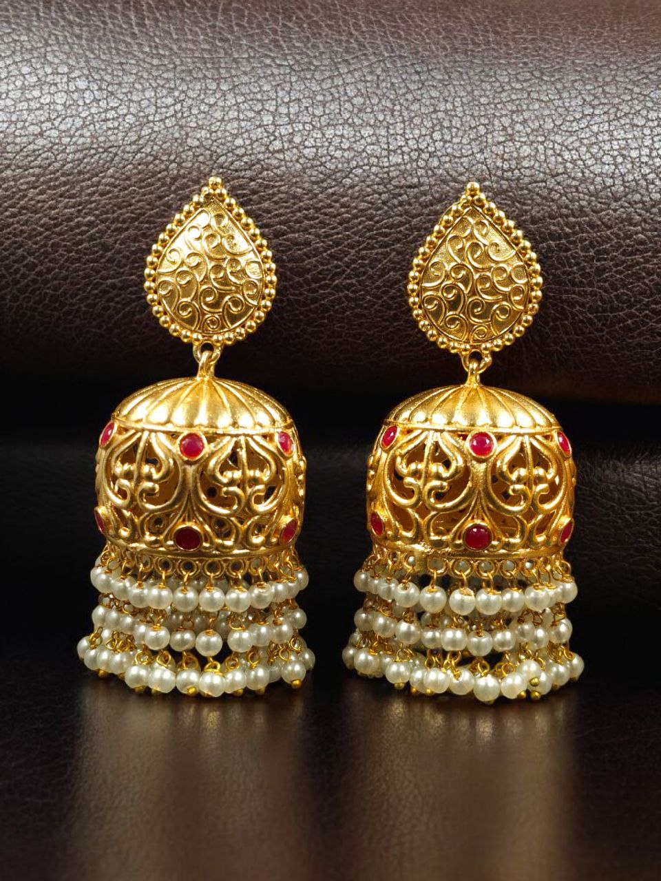 Traditional Floral Art Gold Plated Jhumka Earrings | Stone & Pearl Detailing Unique Dangler Jewelry For Women - Image 3