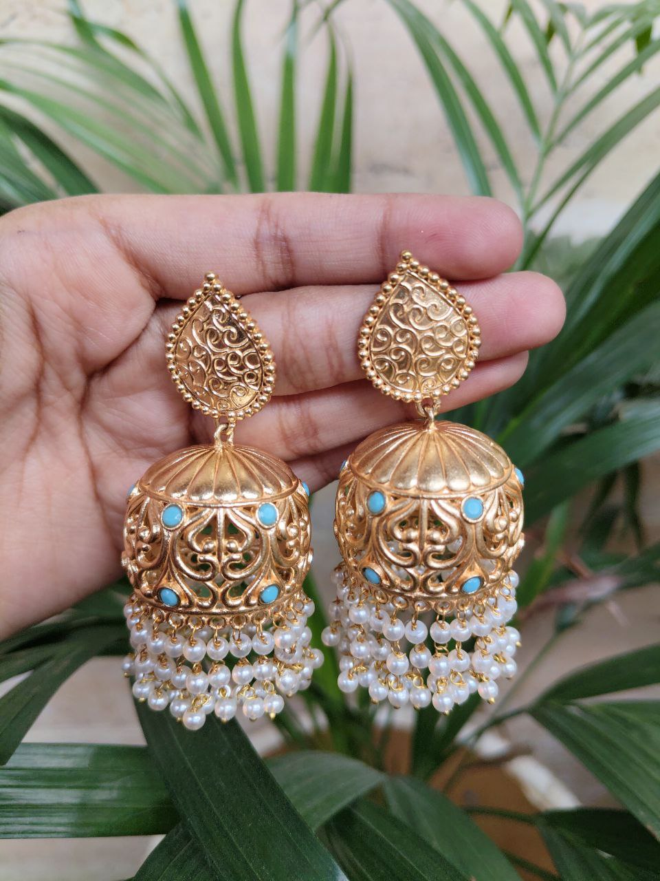 Traditional Floral Art Gold Plated Jhumka Earrings | Stone & Pearl Detailing Unique Dangler Jewelry For Women - Image 2