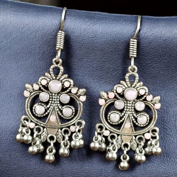 Handcrafted German Silver Hook Earrings | Floral Stone Work with Ghungroo Amazing Jewelry - "Baby Pink"