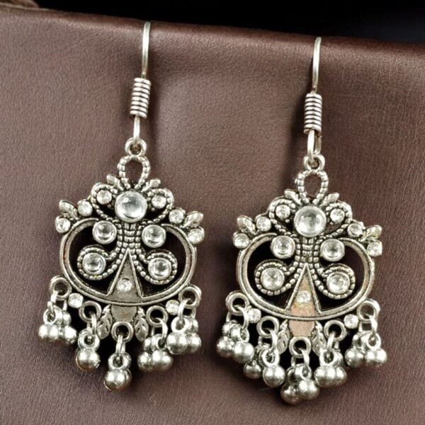 Handcrafted German Silver Hook Earrings | Floral Stone Work with Ghungroo Amazing Jewelry - "White"