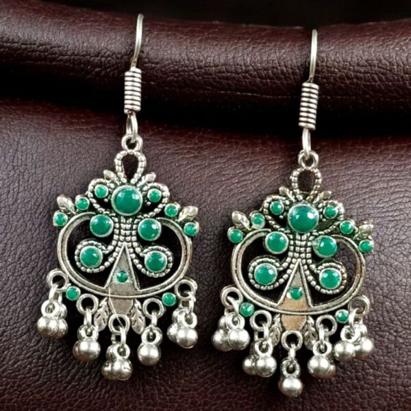 Handcrafted German Silver Hook Earrings | Floral Stone Work with Ghungroo Amazing Jewelry - "Green"