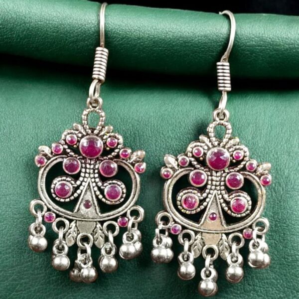 Handcrafted German Silver Hook Earrings | Floral Stone Work with Ghungroo Amazing Jewelry - "Red"