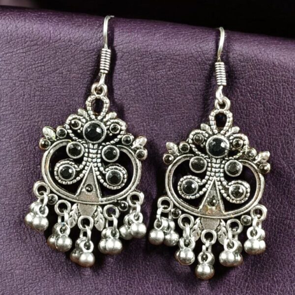 Handcrafted German Silver Hook Earrings | Floral Stone Work with Ghungroo Amazing Jewelry - "Black"