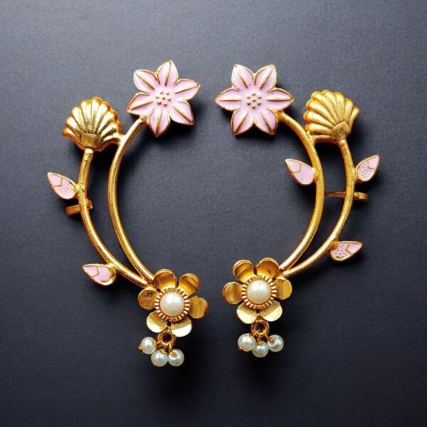 Gold Plated Meenakari Flower Earcuff | Handcrafted Beautiful Design Jewelry For Girls - "Baby Pink"